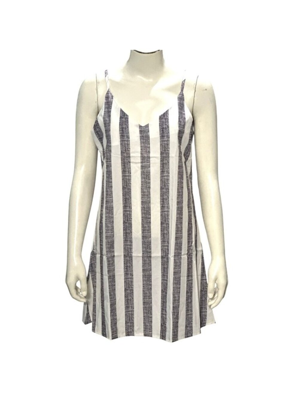 Striped Gray White A Line Mini Dress Spaghetti Straps Relaxed Summer Fun Haus